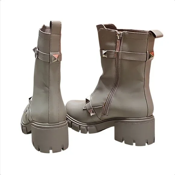 Studded Gray Combat-Style Ankle Boots With Chunky Block Heel And Side Zipper Clo - Picture 5 of 8